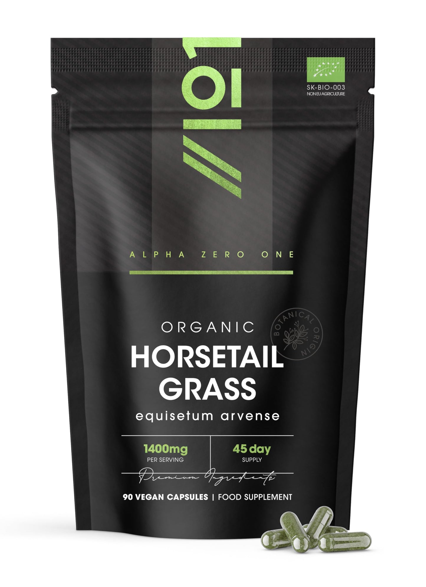 ALPHA01 Organic Horsetail 1400mg – 90 Vegan Capsules (45 Day Supply) – Pure & Potent Powder – Resealable and Recyclable Pouch by Alpha01