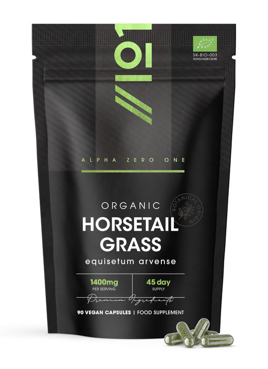 ALPHA01 Organic Horsetail 1400mg – 90 Vegan Capsules (45 Day Supply) – Pure & Potent Powder – Resealable and Recyclable Pouch by Alpha01