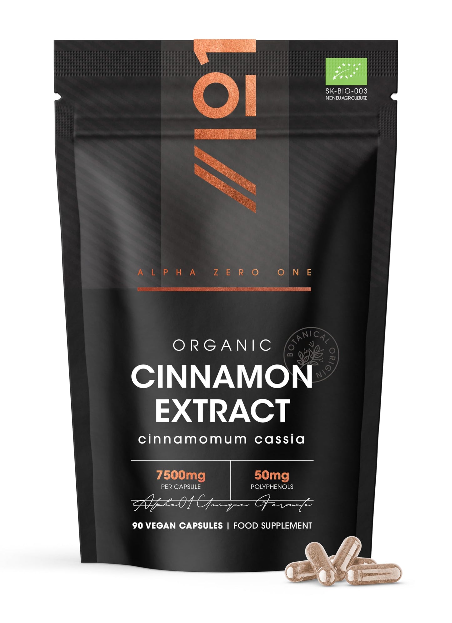 ALPHA01 Organic Cinnamon Extract 7500mg - 10% Polyphenols High Strength Cinnamon Supplement - 90 Vegan Capsules (3 Months Supply) - Resealable and Recyclable Pouch by Alpha01