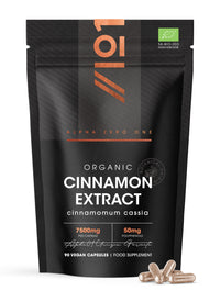 ALPHA01 Organic Cinnamon Extract 7500mg - 10% Polyphenols High Strength Cinnamon Supplement - 90 Vegan Capsules (3 Months Supply) - Resealable and Recyclable Pouch by Alpha01