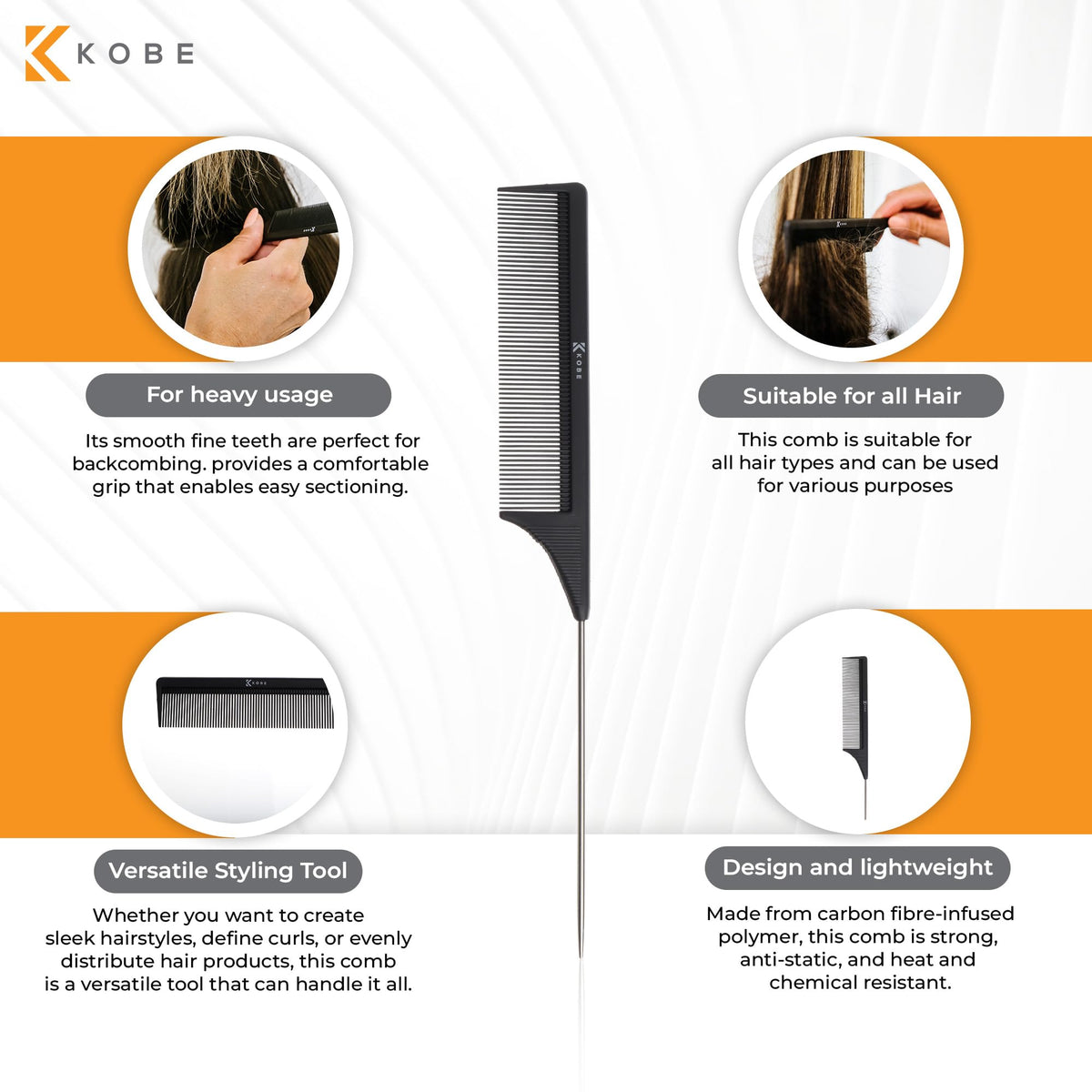 Kobe Professional Carbon Tapered Cutting Comb, Compact, Coarse Fine 2 Teeth sizes, Shatter-Proof, Anti-Static, Barbers, Salon Hairdresser Hair Care Tools For Men And Women, strong 18cm Long