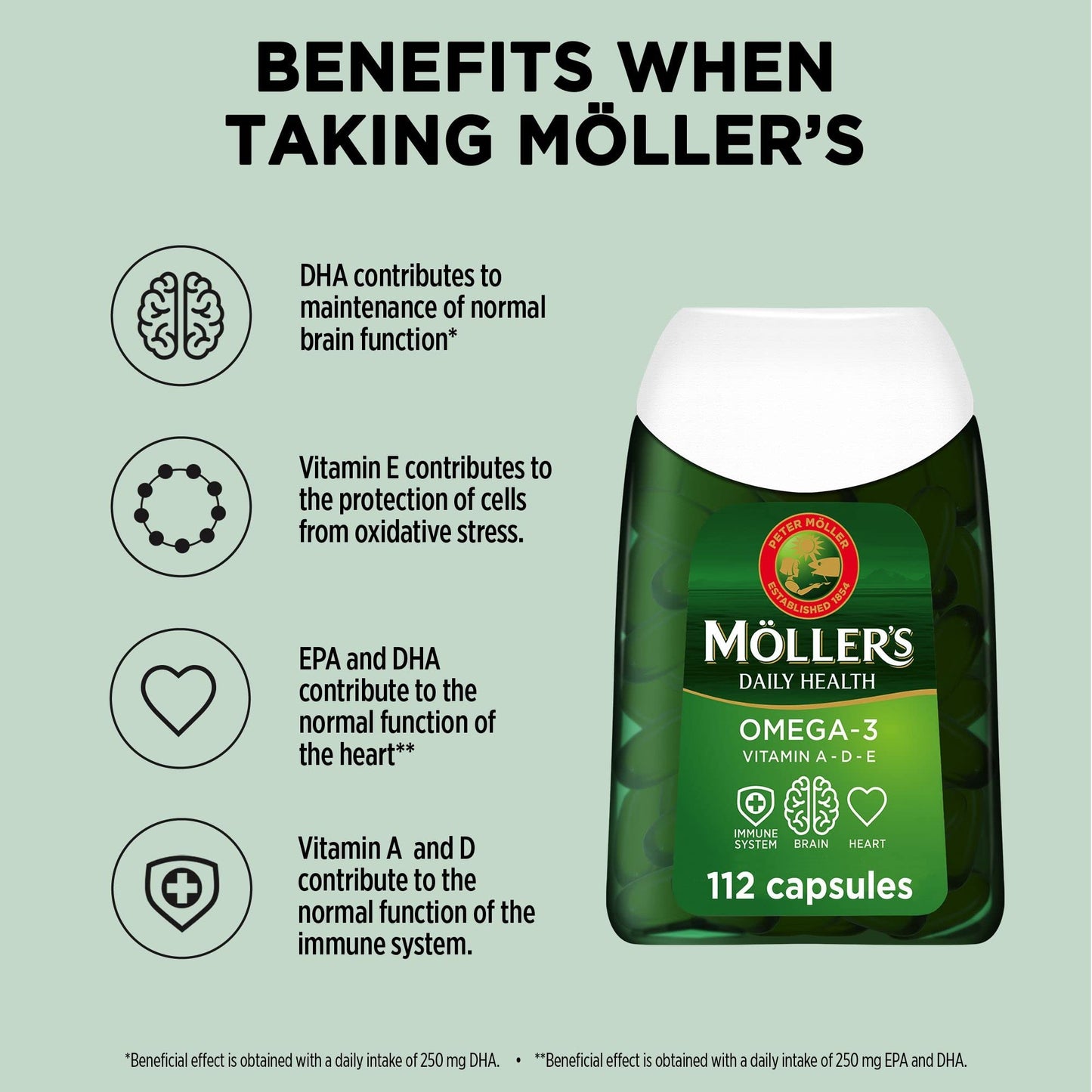 Moller’s ® | Omega-3 Capsules | Fish Oil | Nordic Omega-3 Dietary Supplement with EPA and DHA and Vitamins A, D and E | 166-year-old-brand | Daily Health | 112 Capsules