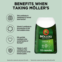 Moller’s ® | Omega-3 Capsules | Fish Oil | Nordic Omega-3 Dietary Supplement with EPA and DHA and Vitamins A, D and E | 166-year-old-brand | Daily Health | 112 Capsules