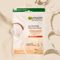 Garnier Nutri Bomb Milky Sheet Face Mask, With Coconut and Hyaluronic Acid for Hydrated Glowing Skin, Intensely Nourishing & Restoring, Cruelty Free & Vegan Tissue Mask, 28g