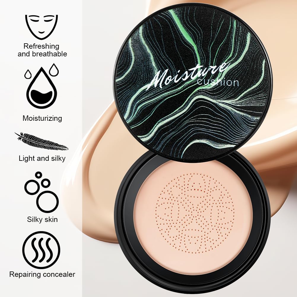 LOPHE Mushroom Head Air Cushion CC Cream, Moisturizing & Oil Control Foundation Cover Concealer, Long Lasting Air Cushion CC Cream with Mushroom Makeup Sponge, Liquid Foundation CC Cream for Women Makeup