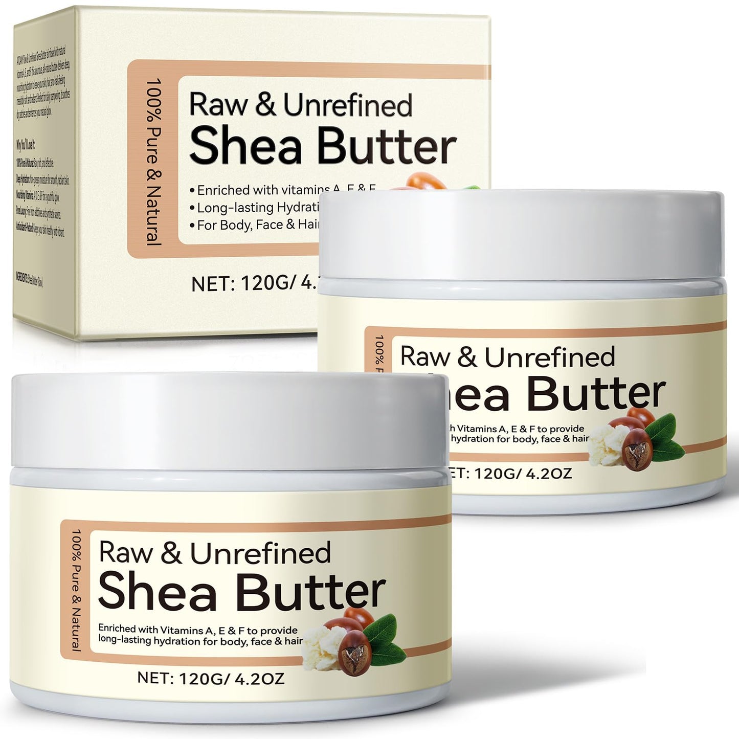 2PCS Organic Shea Butter, Raw & Unrefined Shea Butters for Body, Face & Hair, Pure Shea Butter with vitamins A, E & F, Long-Lasting Hydration for Dry Skin, Hair Care, DIY Lip Balm, Natural Moisturizer