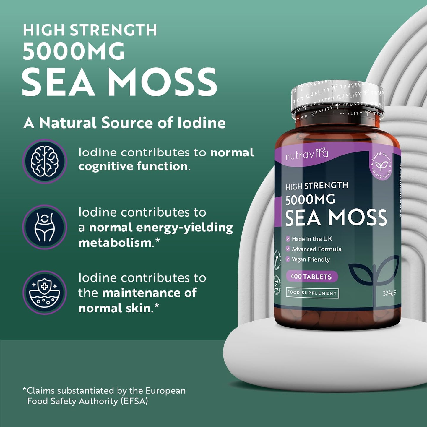 5000mg Sea Moss Tablets - 400 Irish Sea Moss Vegan Supplements for 6.5 Months of Supply, Contributes to Normal Energy-Yielding Metabolism, Skin & Cognitive Function (EFSA) Made in The UK by Nutravita