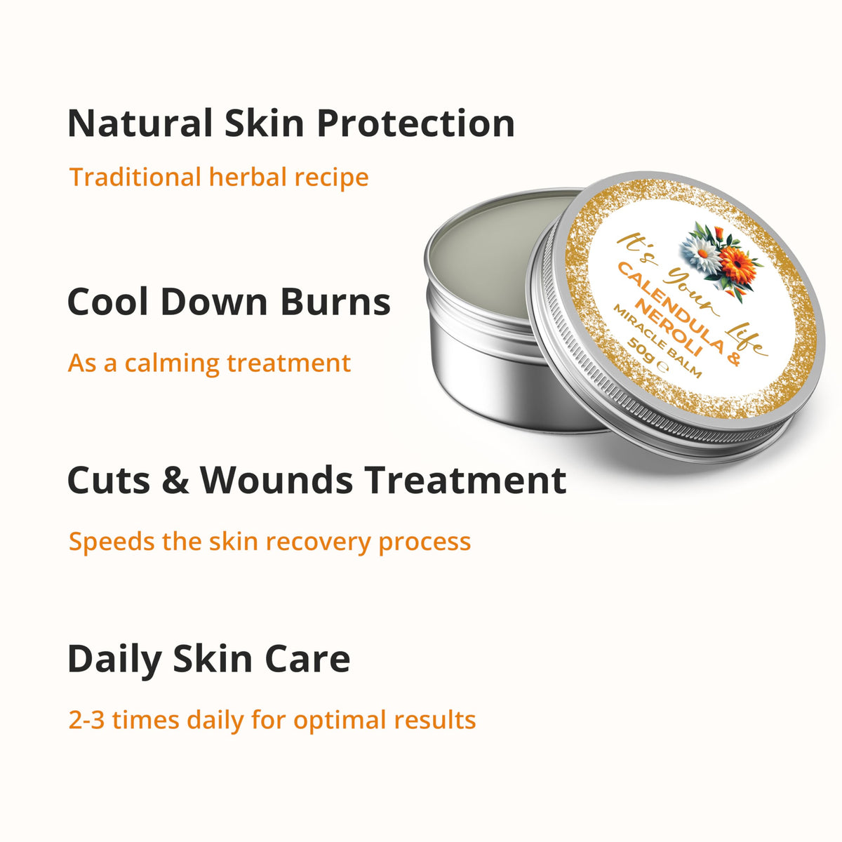 It's Your Life Miracle Balm, Calendula balm, Natural Skincare, as a, Wound Healing Cream, Scab Healing Cream, &, Burn Cream Healing Anti Scar. 50 grams of, Calendula Cream, its Natures, Wonder Balm, for, Dry Skin