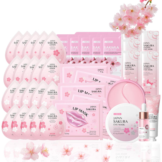DMQ Skin Care for Teenage Girls, 38PCS Skin Care Sets & Kits, Sakura Skincare Set, Pamper Sets for Women Gifts, Serum, Hand Cream, Eye Mask, Sleep Mask, Lip Mask, Cleanser, Cream, Lotion, Toner, Mud Mask
