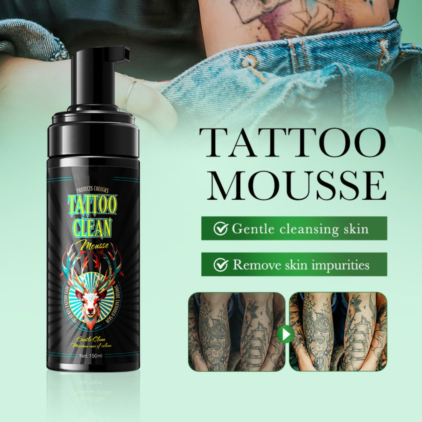 CTUBLIAUNX Tattoo Foaming Cleanser, Tattoo Aftercare Cleansing Foam, Tattoo Clean Soap, Moisturizing & Colour Protection, 150ml