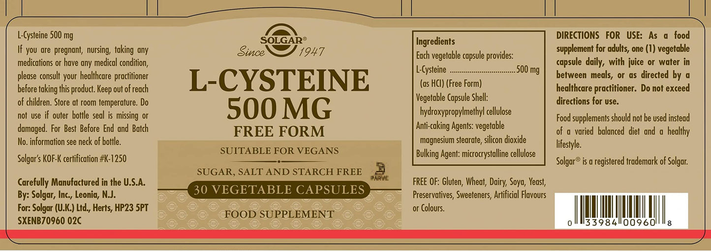 Solgar L-Cysteine 500 mg Vegetable Capsules - Pack of 30 - Metabolism Support - Amino Acid Supplement for Skin, Hair and Nails - Vegan, Gluten Free and Kosher