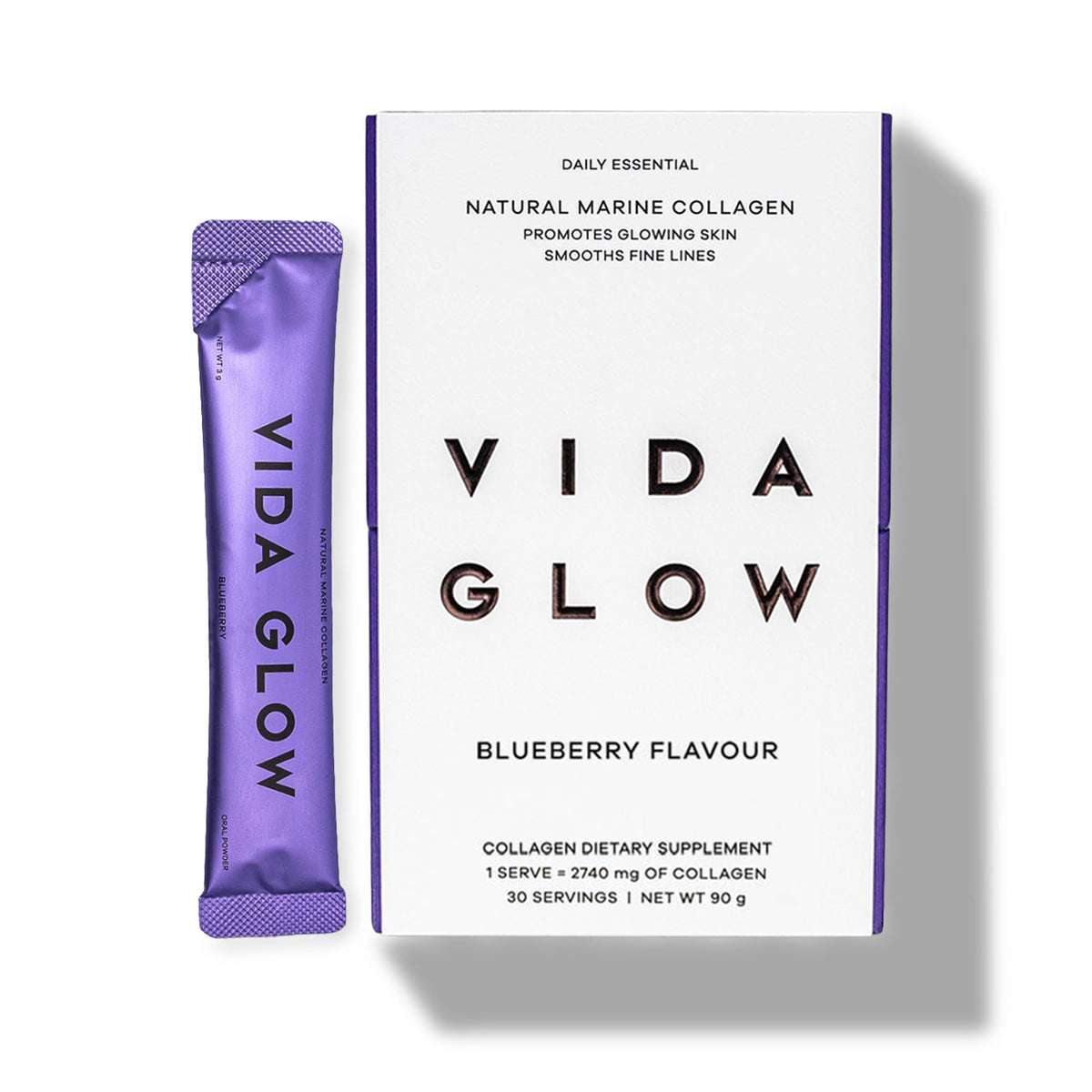 Vida Glow - Natural Hydrolysed Marine Collagen Sachets | Promotes Glowing Skin + Smooths Fine Lines (Blueberry, 30 Sachets)