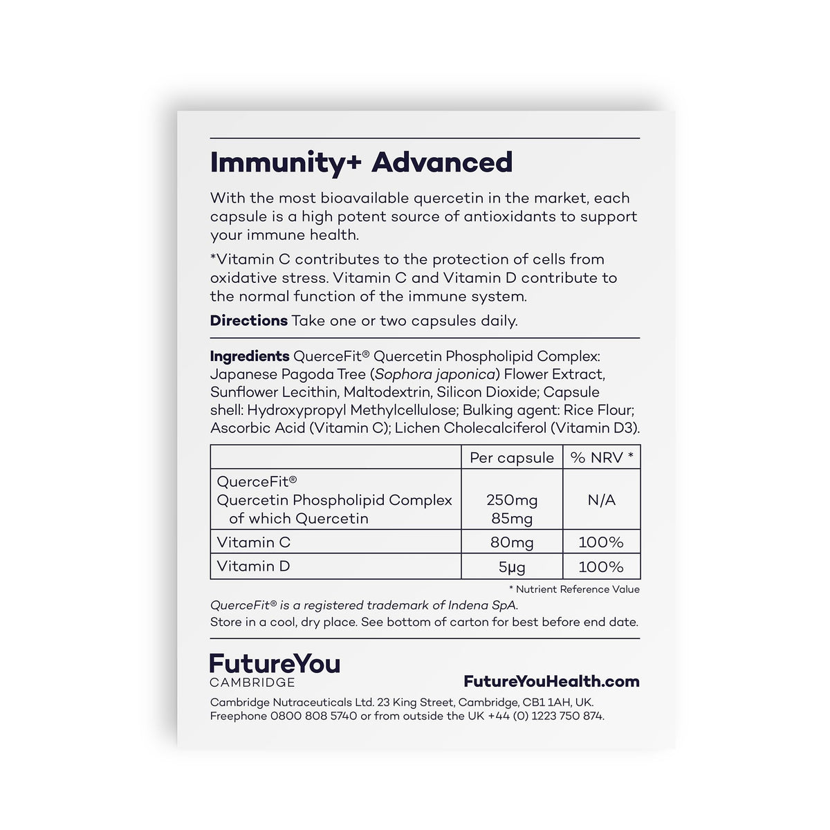 Immunity+ Advanced Capsules with Vitamin C & Vitamin D – Energy Supplement with Immune Support – 28 Day Supply – 5000mg Quercetin Supplement by FutureYou Cambridge