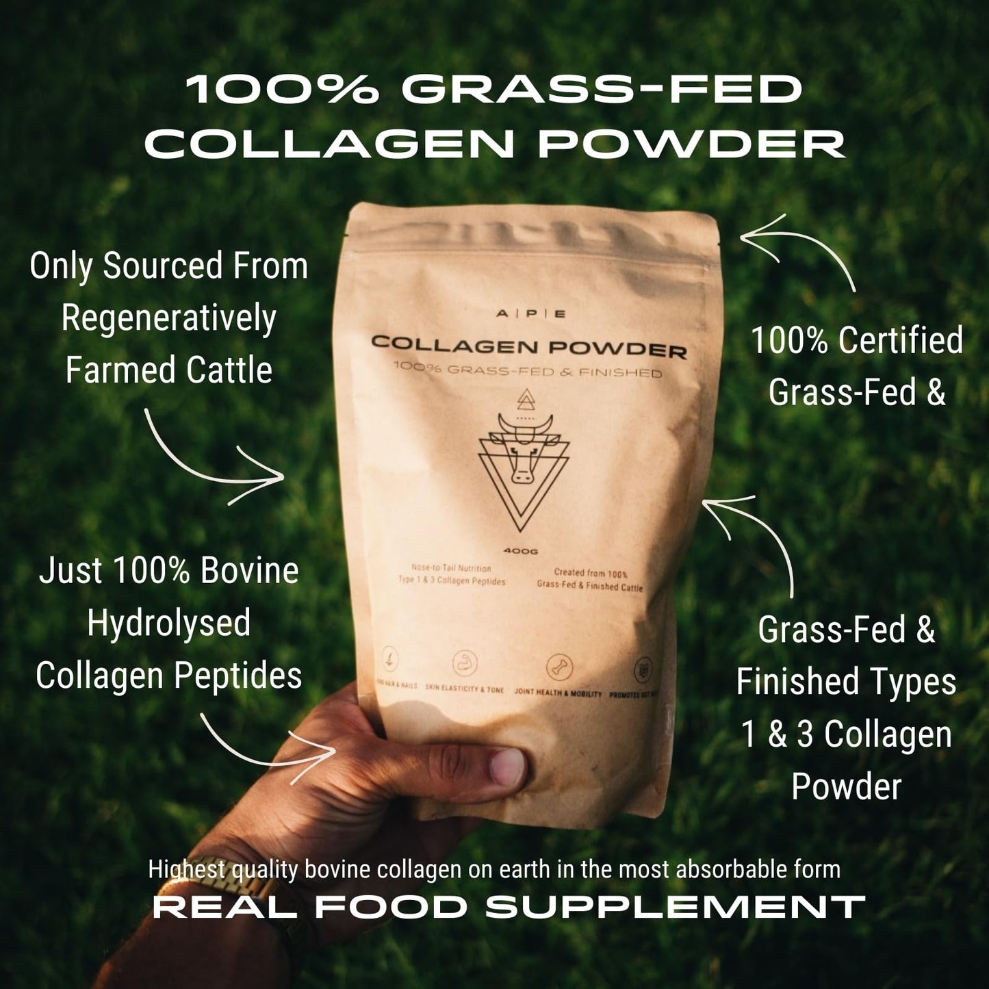 APE Nutrition Collagen Powder Peptides - Type 1 & 3 Bovine Collagen Protein, 100% Grass-Fed & Finished, Ancestral Supplement UK, Unflavoured, Improves Hair Skin & Nail Health