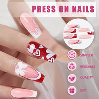 Generic 24PCS Heart & Bow French Tip Press on Nails – Long Square Full Cover Reusable False Nails with Glue – Cute Stick on Nail Set for Women and Girls
