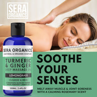 Turmeric & Ginger Massage Oil - 100% Natural Therapy for Lymphatic Drainage, Nerve, Muscle & Joint Relief - Ginger Lemongrass Warming & Relaxing Formula | Made in The UK | Sera Organics (100ml)