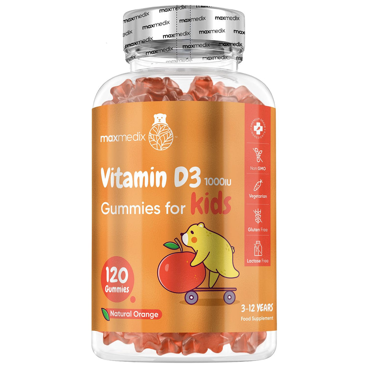 maxmedix Vitamin D for Kids 1000IU | 120 Tasty Gummies | 4 Months Supply | Natural Orange Flavour | 1 per Day | Vegetarian-Friendly, Non-GMO & Gluten-Free | Easy to Chew | Kids Vitamin D Gummies for 3-12 Years