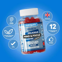 Nutrigums Mind & Focus Ashwagandha Gummy | Ashwagandha, L-Theanine, Vitamins D, B5, B6 & B12 | Raspberry Flavour | 60 Vegan Gummies | Cognitive Health, Nervous System and Mental Performance by NUTRIGUMS®