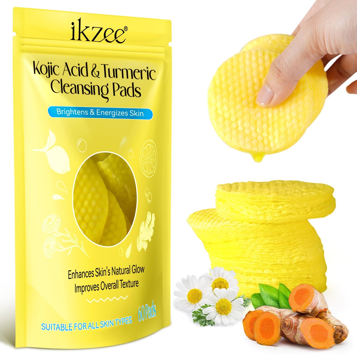 Tioueo Kojic Acid and Turmeric Cleansing Pads - 60pcs Brightening and Exfoliating Pads for Smooth, Radiant Skin
