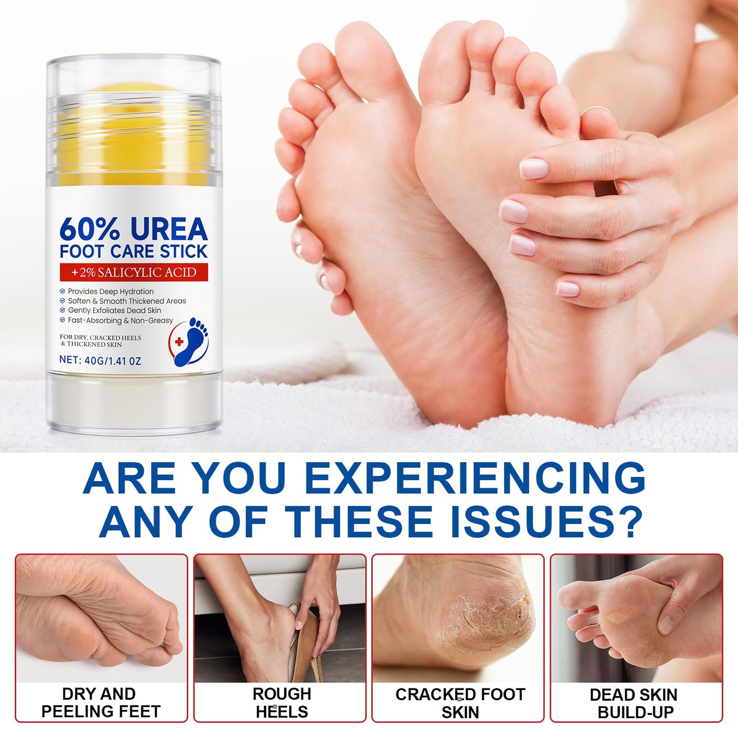 Urea Foot Care Stick, Urea Foot Cream Moisturizer for Dry, Cracked Heels & Thickened Skin, Hydrates & Nourish Foot Care for Softens Skin Exfoliates Dead Skin, Fast Absorbing & Non-Greasy, 1.41 OZ
