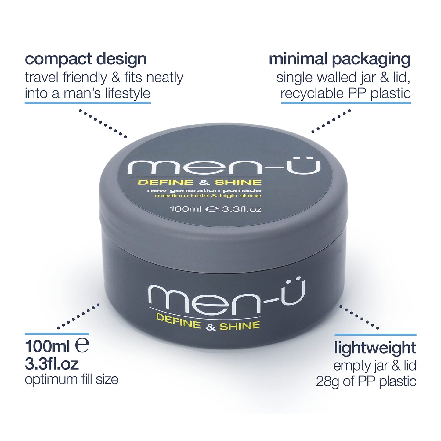 men-ü men-u pomade for men DEFINE & SHINE 100ml – Hair pomade w/ medium hold and high shine. Helps tone down grey hair & washes out easily - Mens hair products by men-u, Single walled 100ml styling puck.