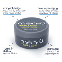 men-ü men-u pomade for men DEFINE & SHINE 100ml – Hair pomade w/ medium hold and high shine. Helps tone down grey hair & washes out easily - Mens hair products by men-u, Single walled 100ml styling puck.