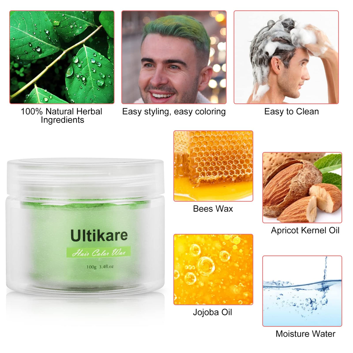 Hair Colour Wax, Ultikare Temporary Color Hair Dye, Instant Hair Dye Wax Mud Washable Natural Hairstyle Color Pomade,Styling Hair Clays for Men Women Party, Cosplay & Halloween 3.4 Fl Oz (Green)