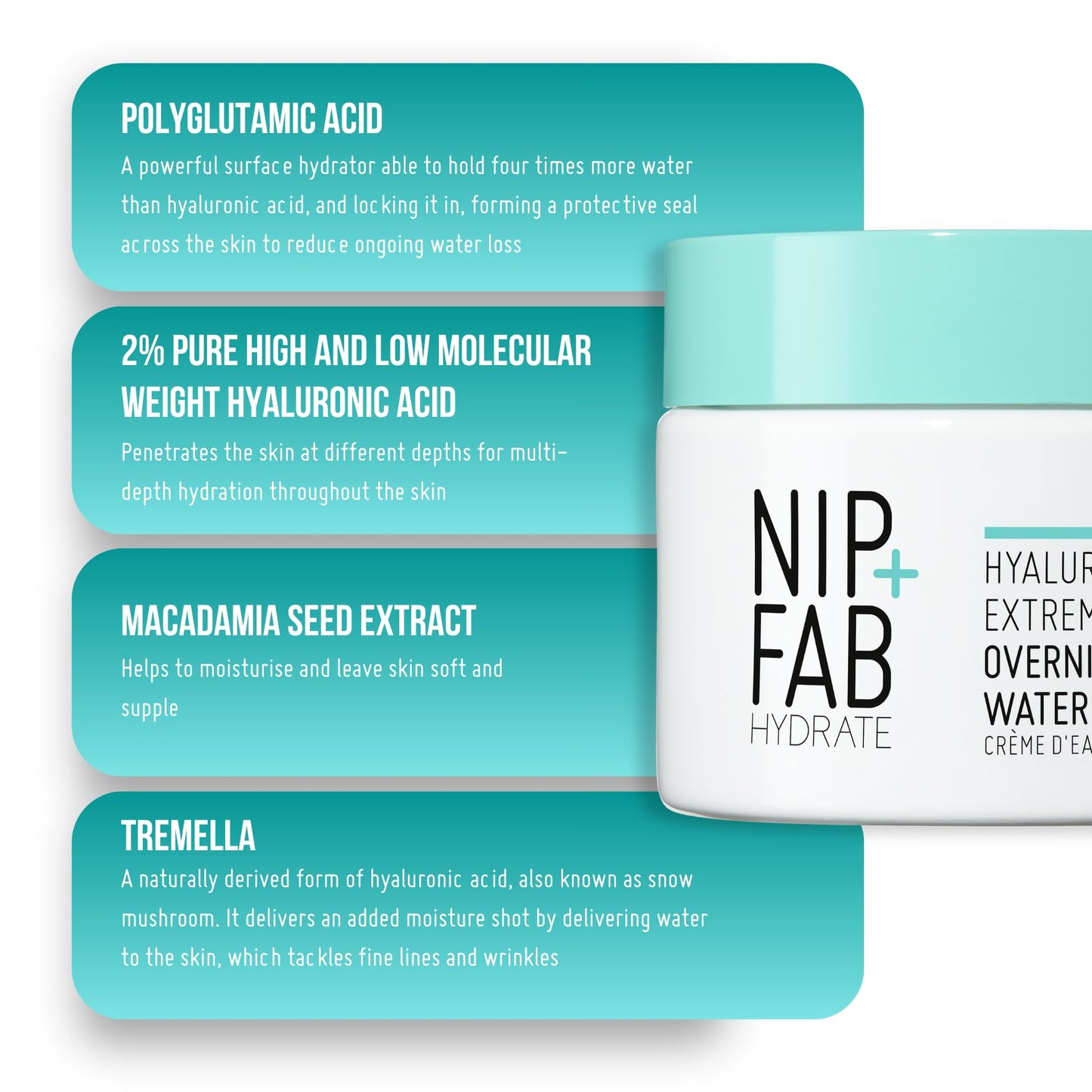 Nip+Fab Hyaluronic Fix Extreme4 Overnight Bounce Water Cream 2% 50 ml, Hydrating, Smooths Pores, Fine Lines and Wrinkles, Prevents Moisture Loss