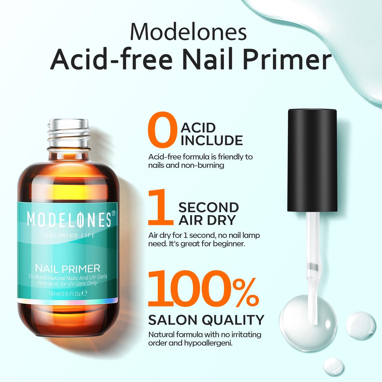 Modelones 15ml Professional Natural Nail Bond Primer, Acid-Free Nail Primer, Superior Bonding Primer 1pcs for Gel Nail Polish, Adhesives U V Gel Polish Tips U V Gel System Manicure Tips Functional Use