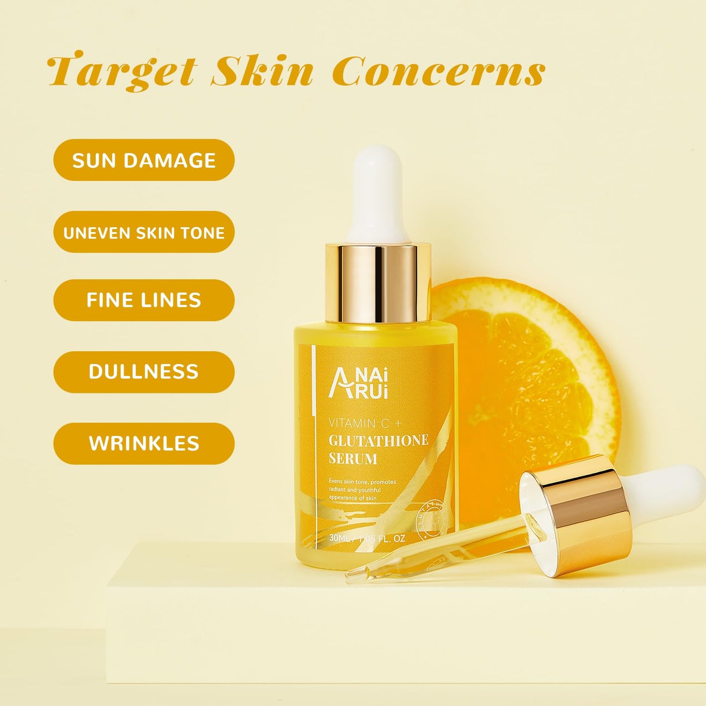 ANAiRUi Glutathione Serum with Vitamin C and Niacinamide, Glutathione Skin Brightening Face Serum for Skin, Hydration, Targets Dark Spots, Hyperpigmentation, Improve Skin Tone, 30 ml