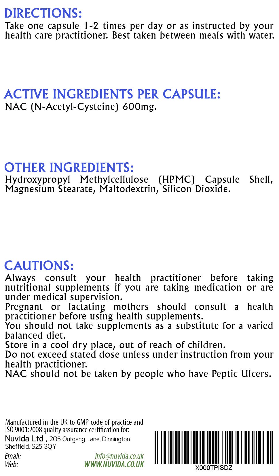 NUVIDA NATURAL HEALTH N-Acetyl-Cysteine 600mg - 120 NAC Capsules - Vegan and Vegetarian Friendly Amino Acid NAC Supplement 600mg- Allergen Free Capsules