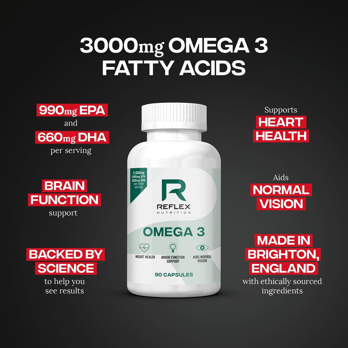 Reflex Nutrition Omega 3 - Omega 3 Capsules High Strength: 1000mg Fish Oil Supplement with 330mg EPA & 220mg DHA - Support Heart Health & Brain Function - Maintain Normal Blood Pressure (90 Capsules)