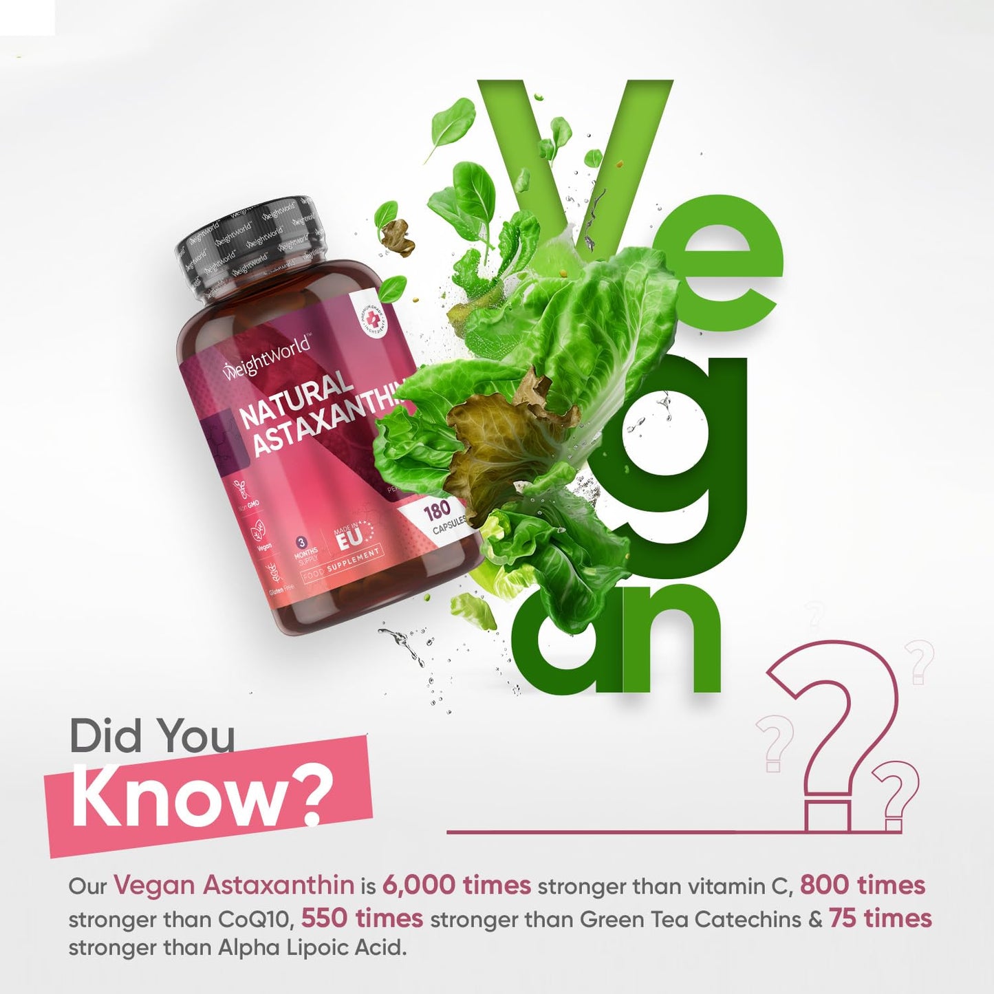 Vegan Astaxanthin High Strength - 180 Capsules - 8mg Active Astaxanthin from 160mg Hawaiian Haematococcus Pluvialis Algae - Pure & Natural Astaxanthin - Skin & Immunity Supplement - Allergen Free