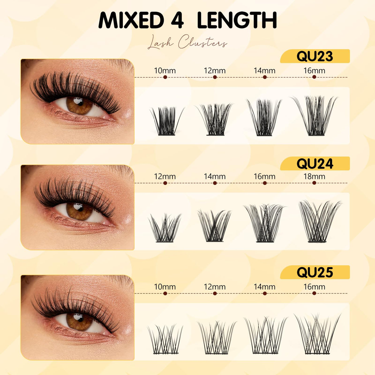QUEWEL Lash-Cluster Kit 144Pcs D Curl Mixed 3 Styles Eyelashes-Individual Natural Look, Super Thin Band Cluster Lashes Kit for Beginner Easy to Apply at Home（Collection-style B-kit）