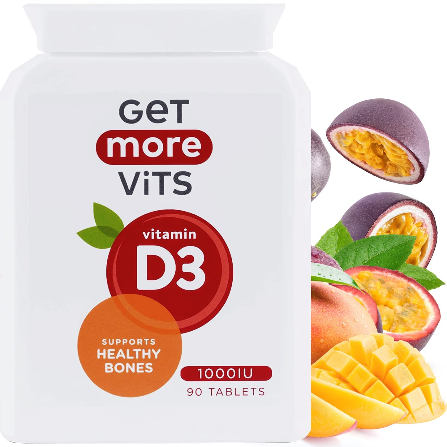 Get More Vits - Vitamin D3 Tablets (90 Tablets), 90 1,000IU Servings Per Bottle, Strengthens Bones, Teeth & Muscles, Promotes Calcium Absorption & Improves Immune System, Vegetarian, Food Supplement