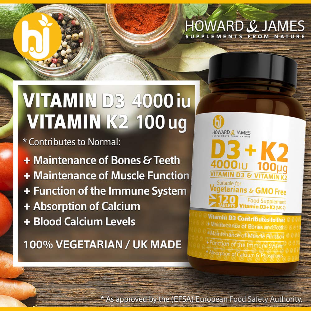 HOWARD & JAMES Vitamin D3 4000iu Plus Vitamin K2 100ug 120 High Strength Vegetarian Tablets