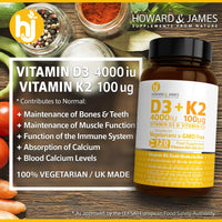 HOWARD & JAMES Vitamin D3 4000iu Plus Vitamin K2 100ug 120 High Strength Vegetarian Tablets