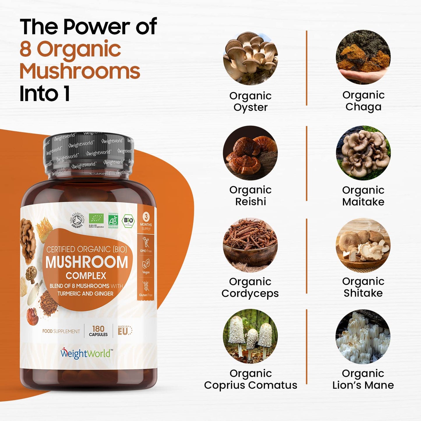 Organic Mushroom Complex 8-180 Capsules - 1000mg - Lion's Mane and 7 Mushroom Blends (Reishi, Chaga, Cordyceps, Shitake, Oyster, Maitake & Coprius) - Added Turmeric & Ginger - Vegan Capsules