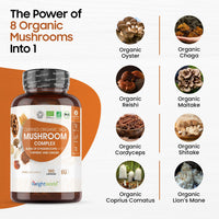 Organic Mushroom Complex 8-180 Capsules - 1000mg - Lion's Mane and 7 Mushroom Blends (Reishi, Chaga, Cordyceps, Shitake, Oyster, Maitake & Coprius) - Added Turmeric & Ginger - Vegan Capsules