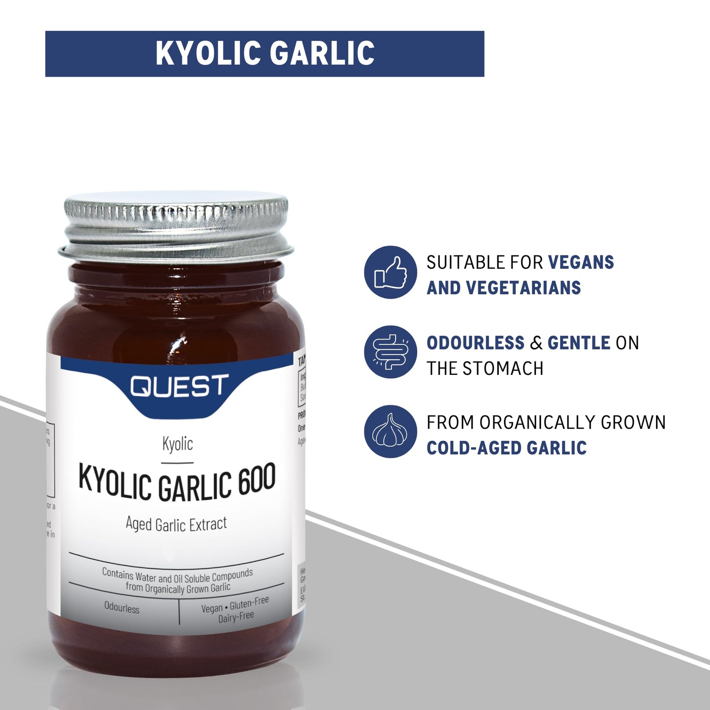Quest - 90x Kyolic Garlic Tablets. High Strength 600mg Odourless Aged Garlic Extract for Heart, Immune, Digestive & Cognitive Health. Daily Dietary Supplement. Vegan & Gluten-Free (Pack of 1)
