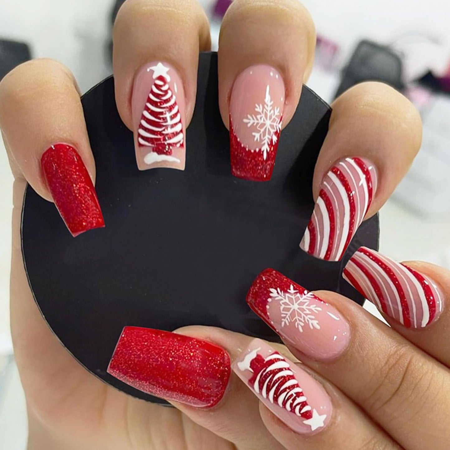 NLFOX Short False Nails - Pearl White False Nails - Square Short false Nails with Glue Shimmer Pearlescent Design - Classic White Press on Nails Glossy Full Cover Acrylic DIY Nail Art