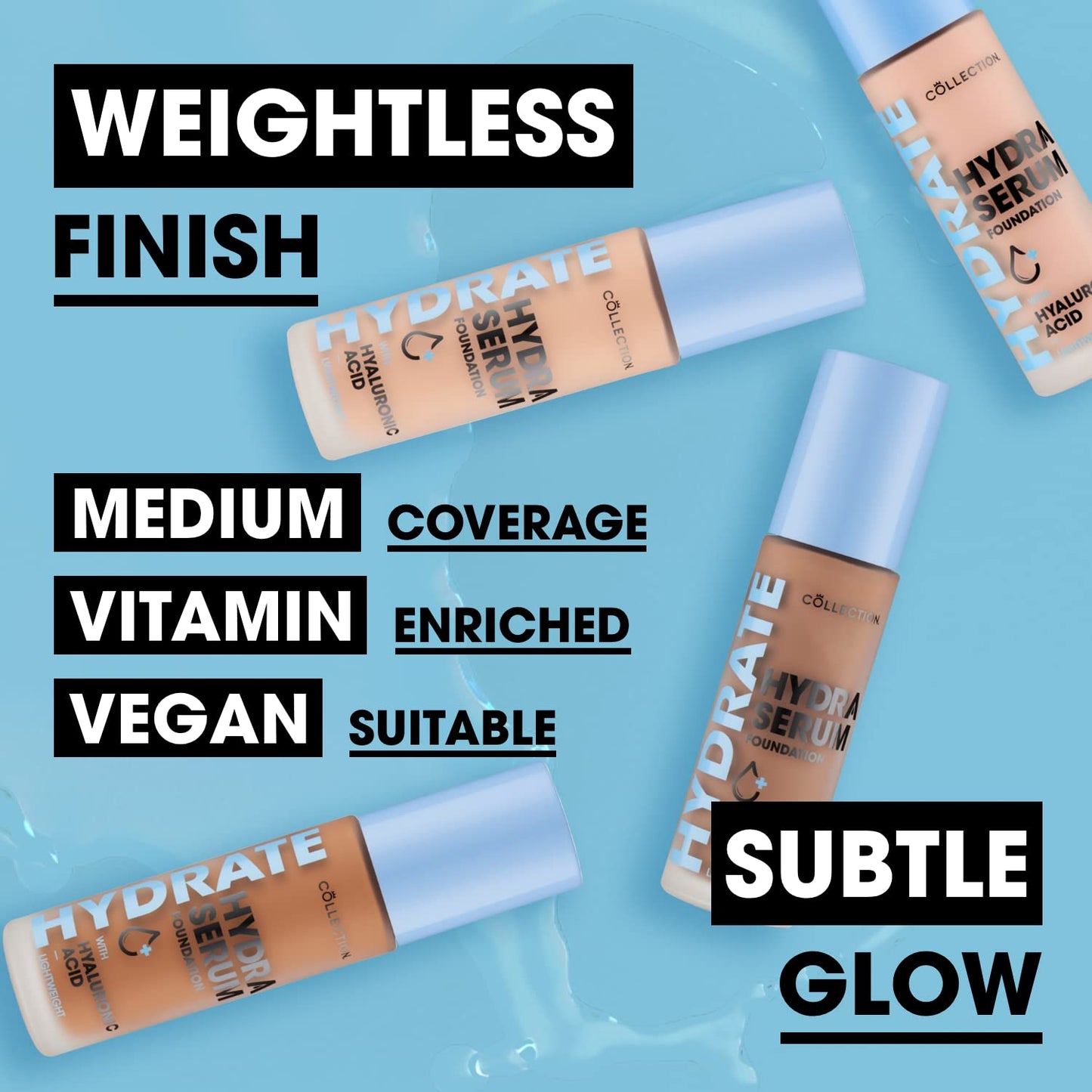 Collection Cosmetics Hydra Serum Foundation, Breathable Formula for Glowy Skin, 30ml, Café