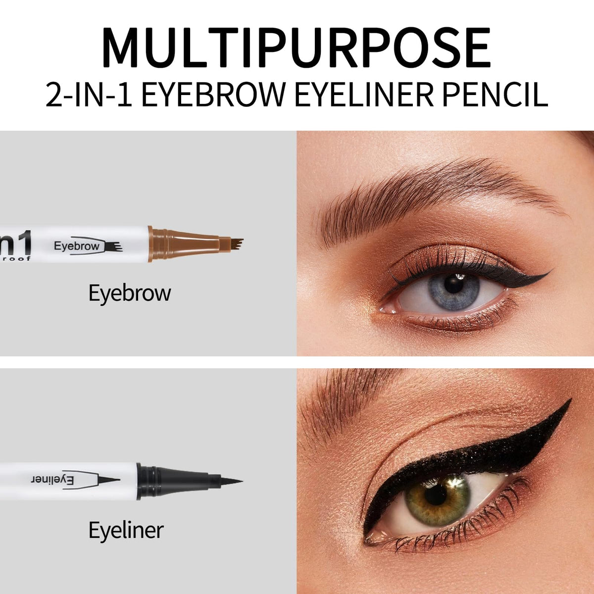 QIAWES Eyebrow Pencil, 2-In-1 Eyebrow Pen, 4 Fork Tip Microblading Eyebrow Pencil, Tattoo Eyebrow Pencil - Double Head Liquid Eyebrow Pen + Black Eyeliner Pencil (Black)