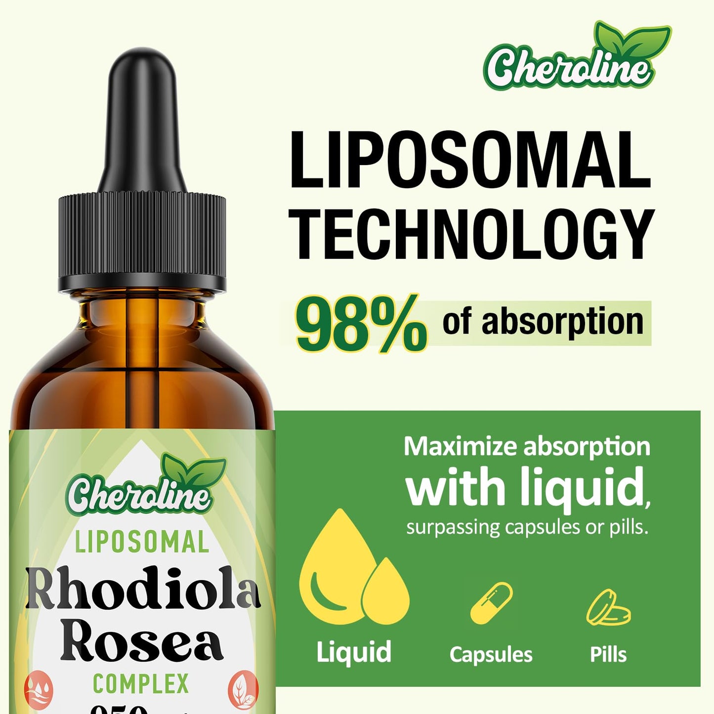Cheroline Liposomal Rhodiola Rosea 950 mg, 9-in-1 rhodiola Rosea Drops 60 ml, Rhodiola Root Liquid Tincture, Vegan Adaptogenic Herb Supplement for Energy, Stress & Mood (Pack of 1)