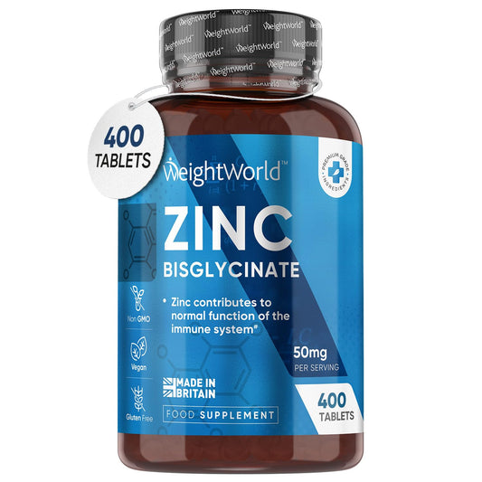 High Strength Zinc Tablets 50mg – 400 Vegan Zinc Bisglycinate Tablets 6+ Months Supply – High Absorption Zinc Supplements for Skin, Hair and Nail - Immunity Supplements for Men & Women