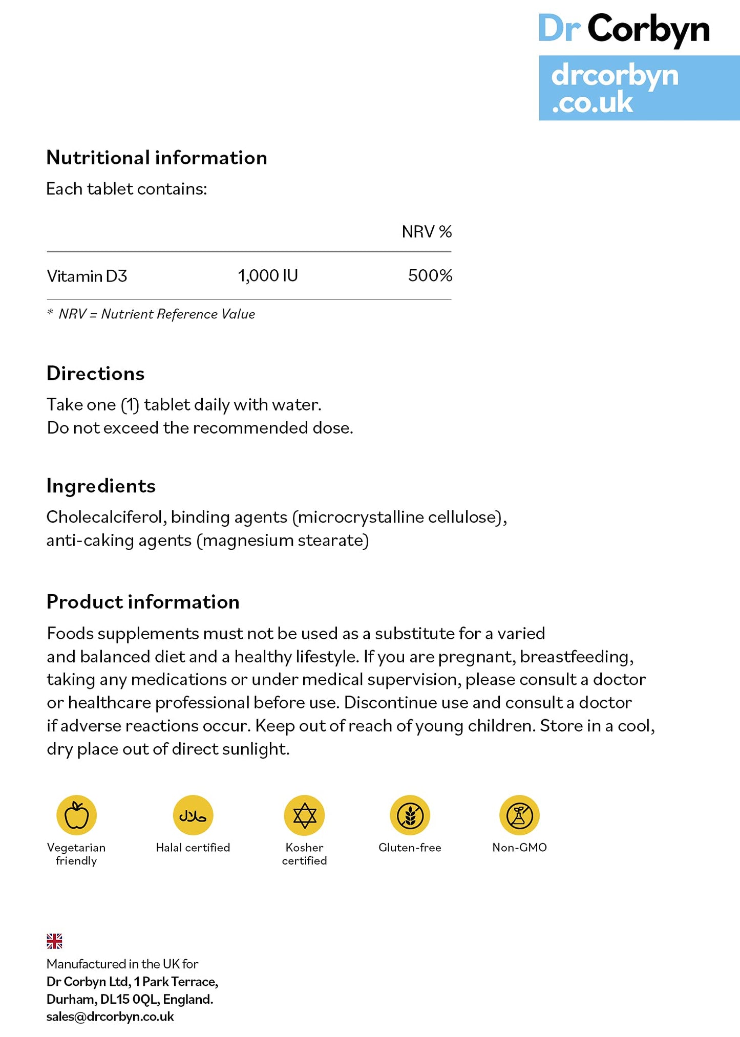 Dr Corbyn Vitamin D3 1,000 IU / 25ug - 60 Tablets | Vegetarian Vitamin D Supplement (Cholecalciferol) | Easy to Swallow Tablets | Immunity & Bone Support