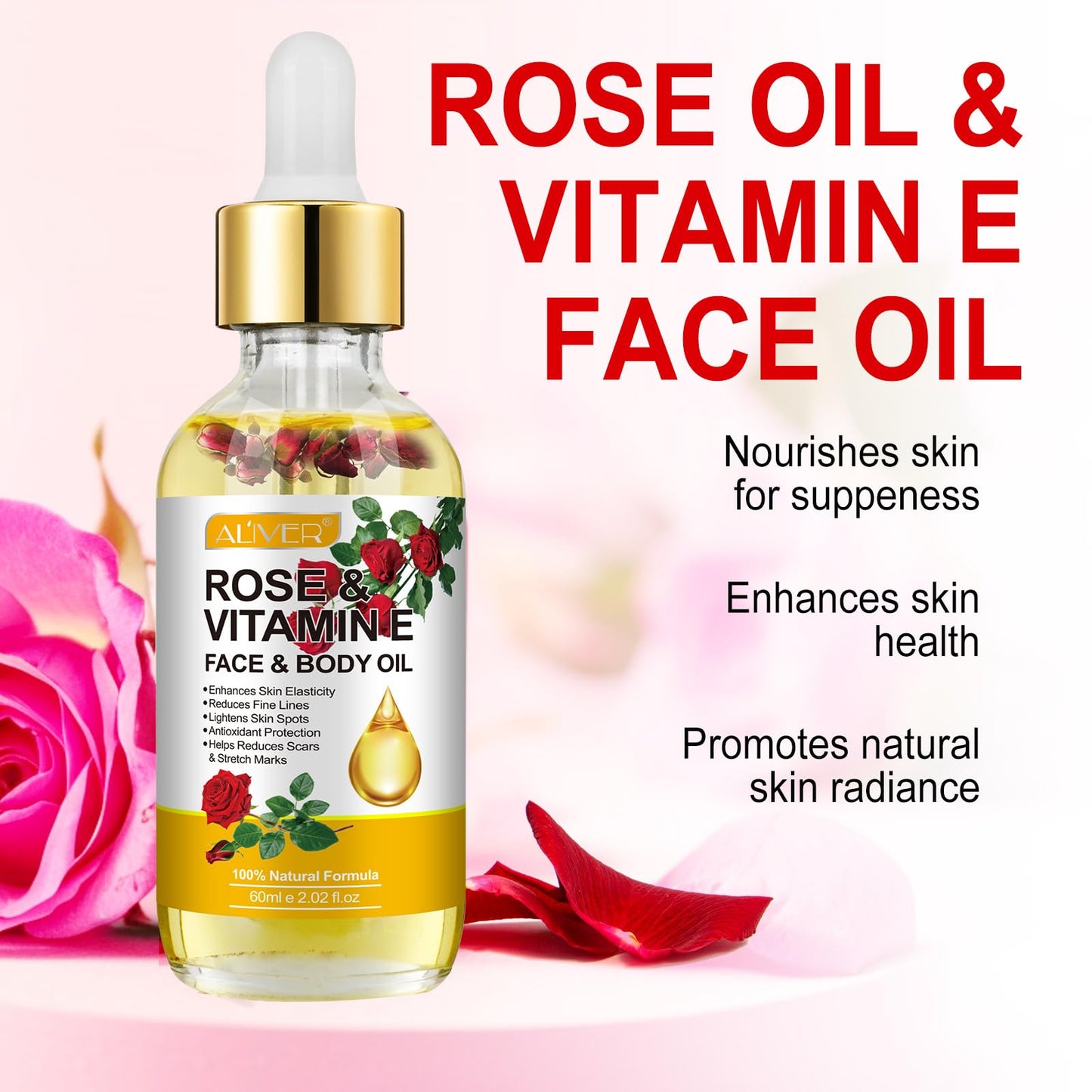 IWKDIJ Rose Oil with Vitamin E & Body Gua Sha Massage Tool -60ML Body Massage Oil for Face Neck Eye, Muscle Pain