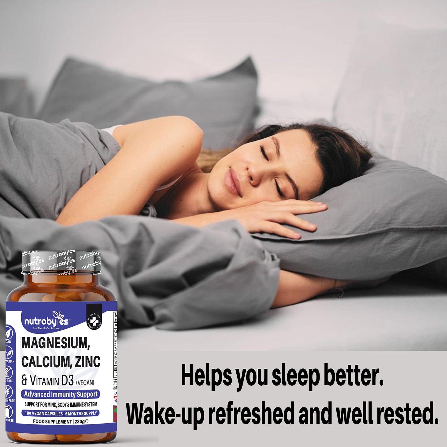 Magnesium Calcium Zinc & Vitamin D3 Vegan Supplement, Advanced Immunity Support, High Strength Vitamin D3, Strong Bones & Teeth, Muscle Recovery, Sleep Better, 180 Vegan Capsules-6 Months Supply - UK