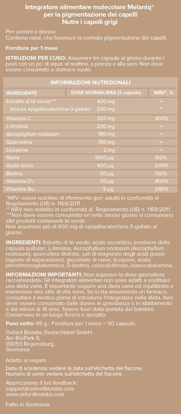 Melaniq Hair Pigmentation Supplement - Anti Gray Hair Tablets for Men Women - Premature Grey Hair Treatment Vitamins - Melanin Support Anti-Ageing Naturally-Based Vegetarian Capsules, 1 Month Supply