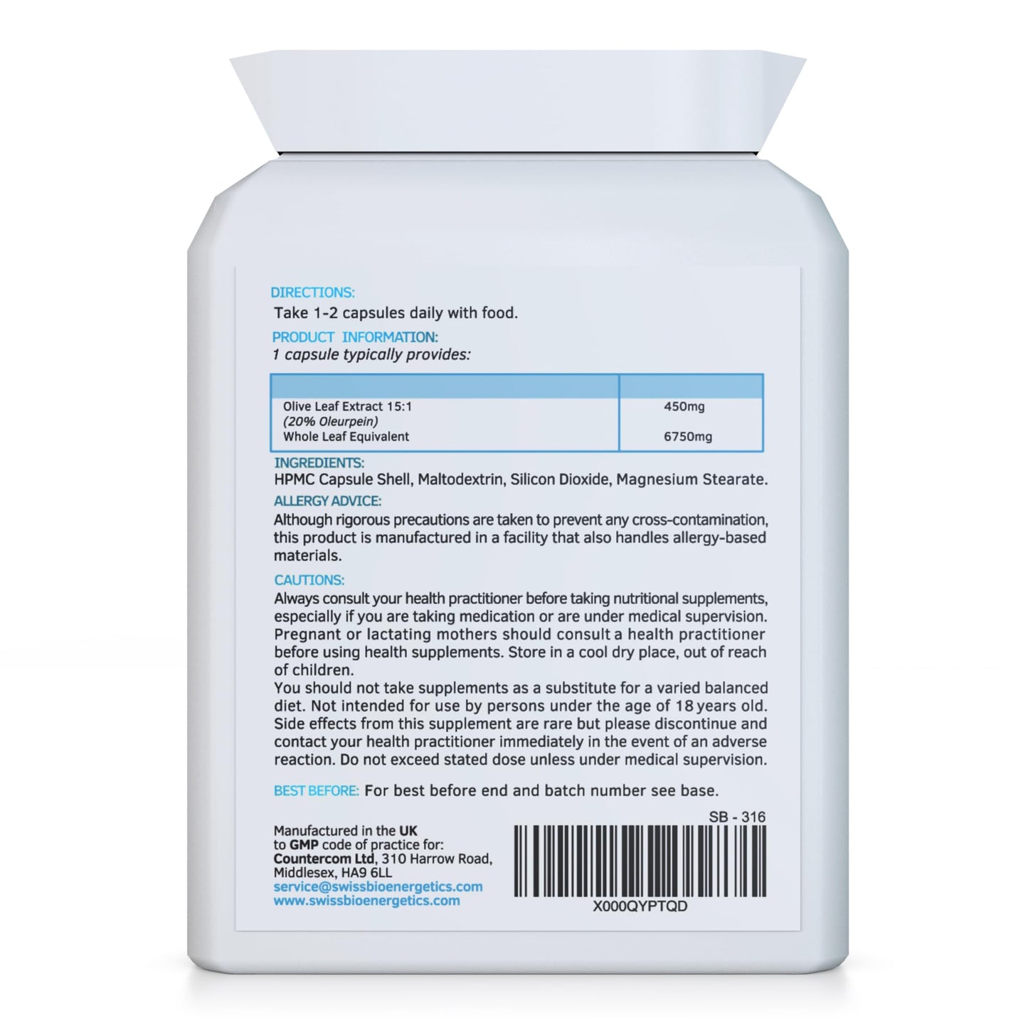swiss bioenergetics Olive Leaf Extract 6750mg Whole Leaf Equivalent - 60 Capsules - Containing 20% Active Oleuropein
